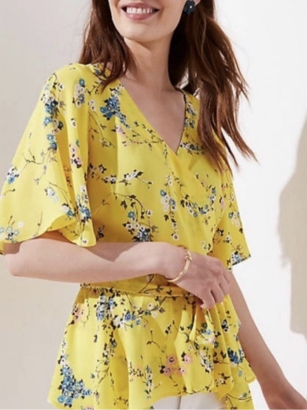 LOFT Yellow Floral V-Neck Peplum Blouse